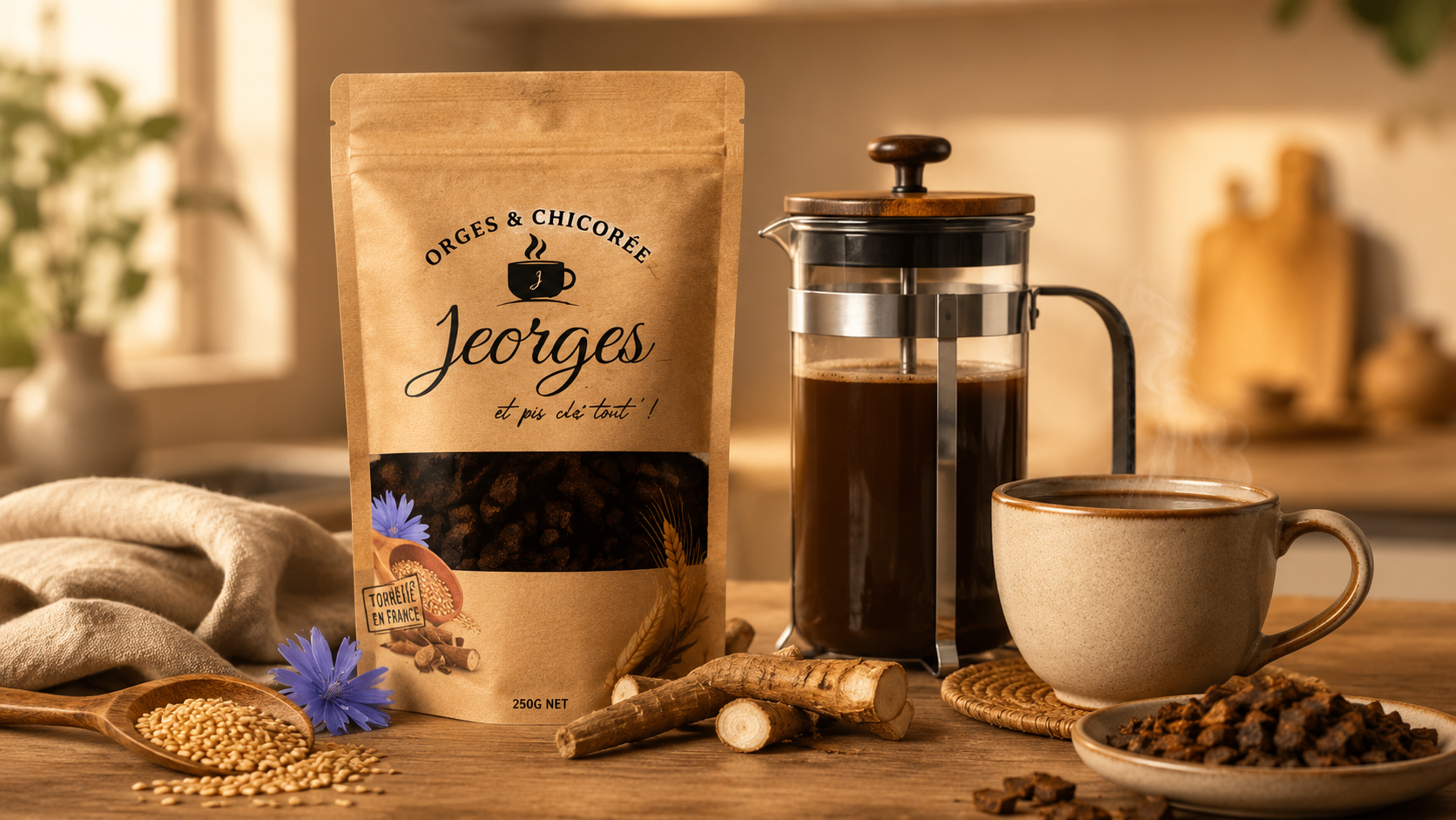 Jeorges, alternative française au café à base d’orge et de chicorée, avec cafetière et tasse